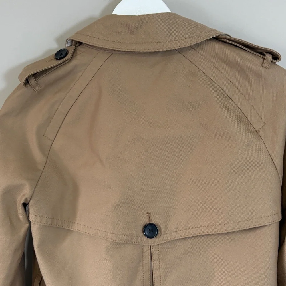 Coach Signature Lapel Short Trench Coat tan khaki  Striped Liner Designer sz XS